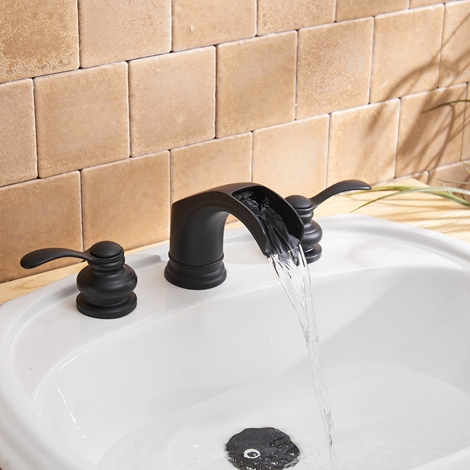 A 6562 S Black Matte Black Widespread Bathroom Faucet with Drain Assembly and Supply Hose Lead free Waterfall Two Handle 8 16 inch Bathroom Faucet Lavatory
