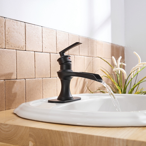 A 6571 Black Black Bathroom Faucet with Drain Assembly and Supply Hose Lead free Waterfall Single Handle Matte Black Bathroom Sink Faucet Lavatory
