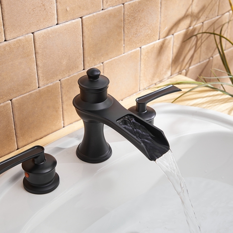 A 6571 Black S Matte Black Widespread Bathroom Faucet Matte Black with Drain Assembly and Supply Hose Lead free Waterfall Black Bathroom Faucet Two Handle 3 Hole Lavatory