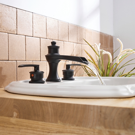 A 6571 Black S Widespread Bathroom Faucet Matte Black with Drain Assembly and Supply Hose Lead free Waterfall Black Bathroom Faucet Two Handle 3 Hole Sink