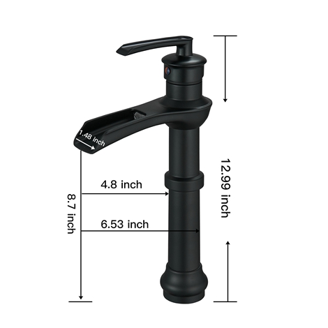 A 6571H Black Matte Black Bathroom Faucet with Drain Assembly and Supply Hose Lead free Tall Body Waterfall Vessel Sink Faucet Lavatory Single Handle