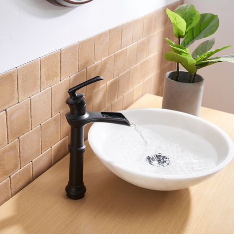A 6571H Black Matte Black Bathroom Faucet with Drain Assembly and Supply Hose Lead free Waterfall Vessel Sink Faucet Lavatory Single Handle