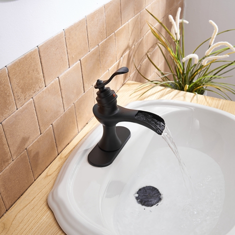 A 6573 Black Matte Black Bathroom Facuet with Drain Assembly and Supply Hose Lead free Single Handle Black Lavatory Waterfall Bathroom Sink Faucet
