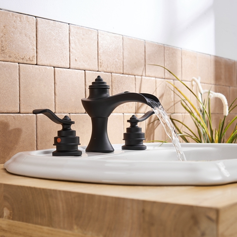 A 6573 Black S Matte Black Bathroom Faucet with Drain Assembly and Supply Hose Lead free Waterfall Widespread Bathroom Faucet Two Handle 3 Hole Lavatory