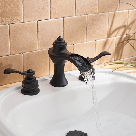 A 6573 Black S Matte Black Bathroom Faucet with Drain Assembly and Supply Hose Lead free Waterfall Widespread Bathroom Faucet Two Handle 3 Hole
