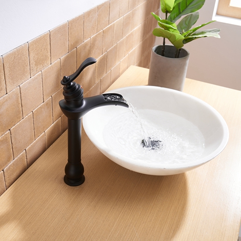 A 6573H Black Vessel Sink Faucet with Drain Assembly and Supply Hose Lead free Single Handle Single Hole Bathroom Faucet Waterfall Lavatory Mixer Tap Matte Black